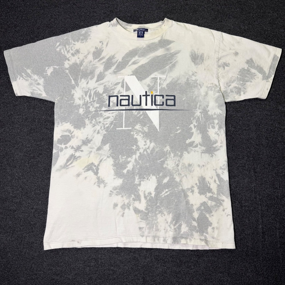 Vintage 90s Nautica T-Shirt Mens L White Grey Tie Dye Graphic Tee made in usa